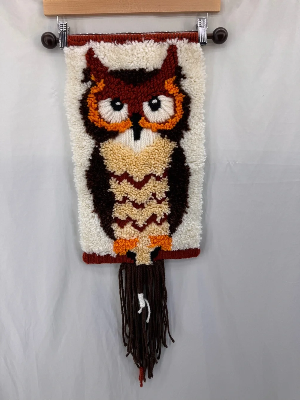 Vintage 70’s MCM Owl Latch Hook Wall Hanging Handmade Wool Yarn Boho Hippie